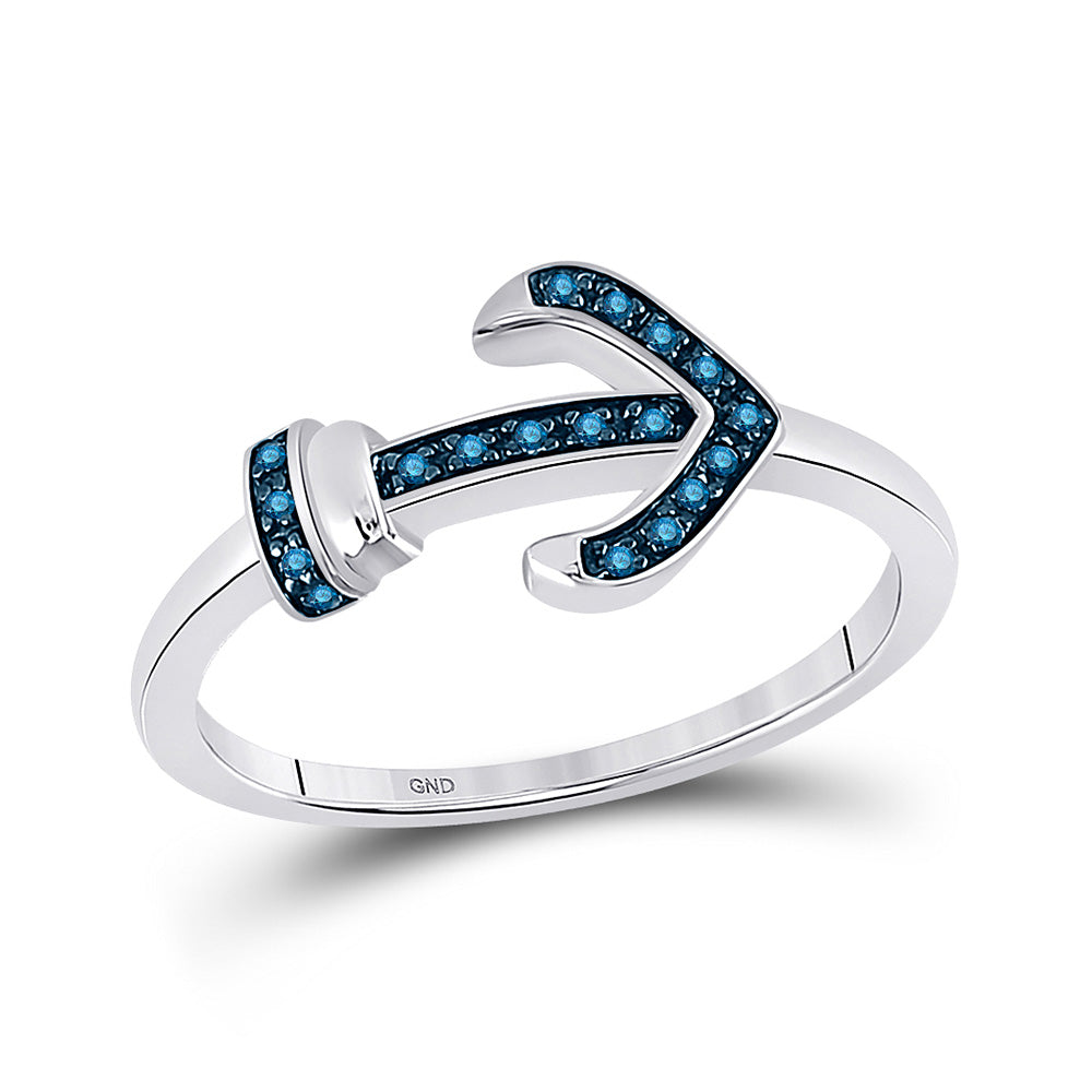 Sterling Silver Womens Round Blue Color Enhanced Diamond Anchor Ring 1/20 Cttw