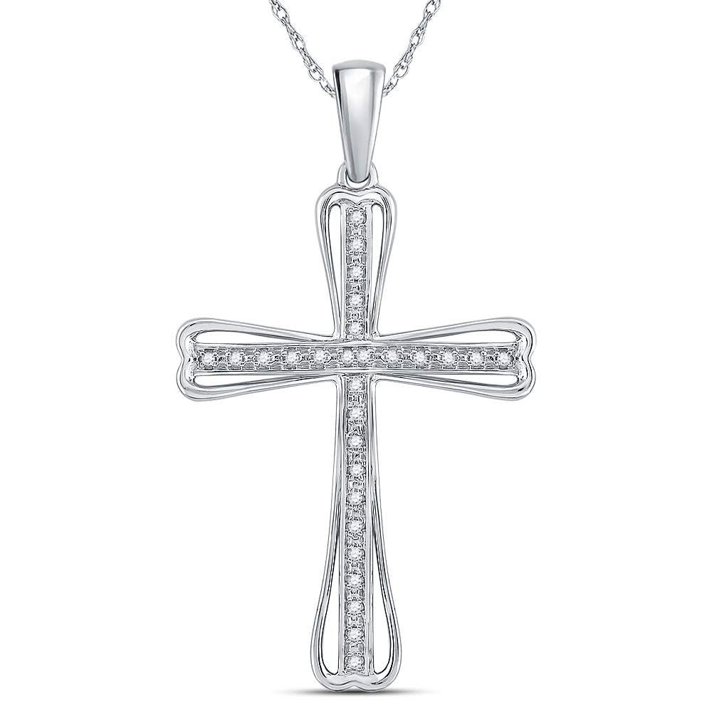 Sterling Silver Womens Round Diamond Cross Pendant 1/10 Cttw