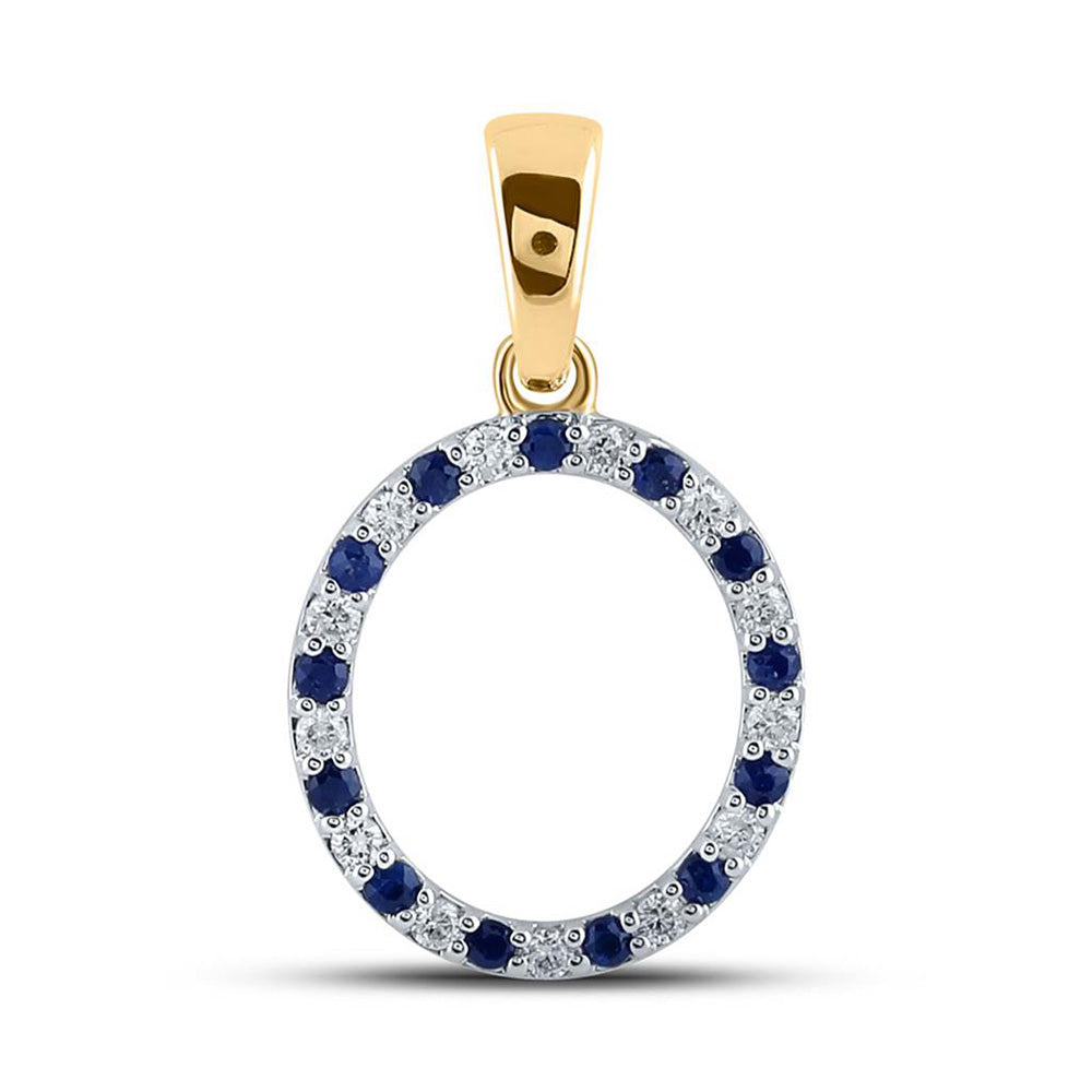 10kt Yellow Gold Womens Round Synthetic Blue Sapphire Diamond O Letter Pendant 1/4 Cttw