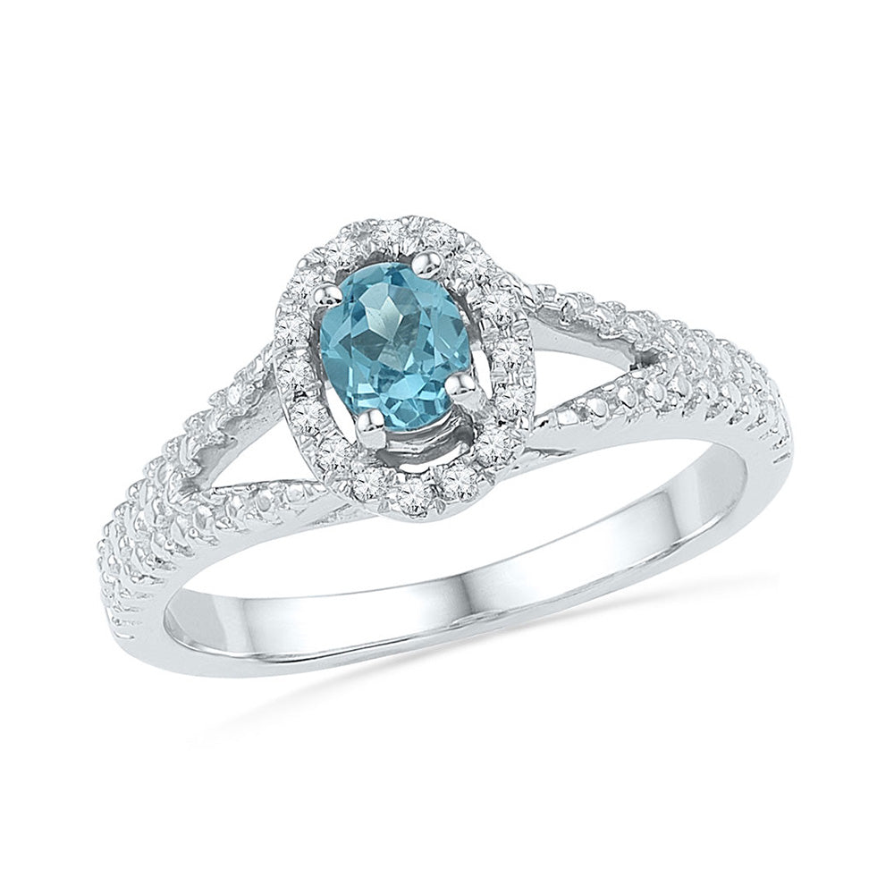 10kt White Gold Womens Oval Lab-Created Blue Topaz Solitaire Diamond Ring 1/2 Cttw
