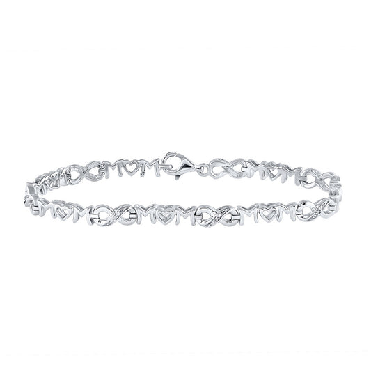 Sterling Silver Womens Round Diamond Mom Heart Link Bracelet .03 Cttw