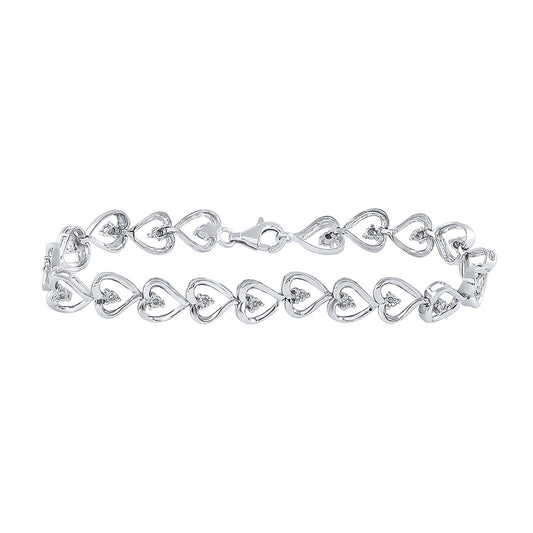 Sterling Silver Womens Round Diamond Heart Link Bracelet 1/10 Cttw