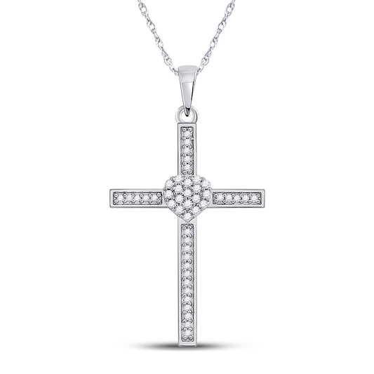 10kt White Gold Womens Round Diamond Heart Cross Pendant 1/5 Cttw