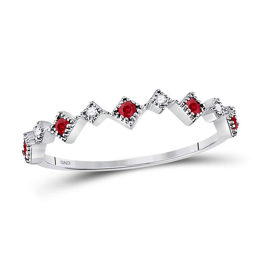 10kt White Gold Womens Round Ruby Diamond Milgrain Square Stackable Band Ring 1/8 Cttw