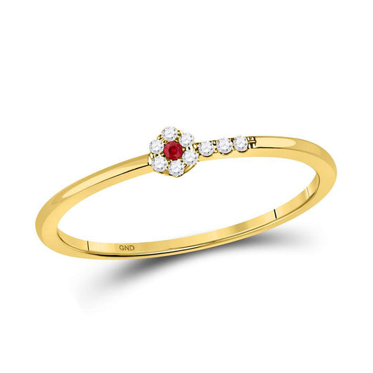 10kt Yellow Gold Womens Round Ruby Diamond Stackable Band Ring 1/20 Cttw
