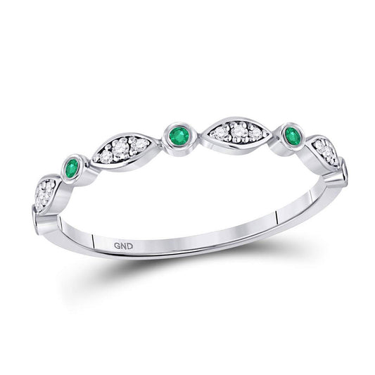 10kt White Gold Womens Round Emerald Diamond Marquise Dot Stackable Band Ring 1/8 Cttw
