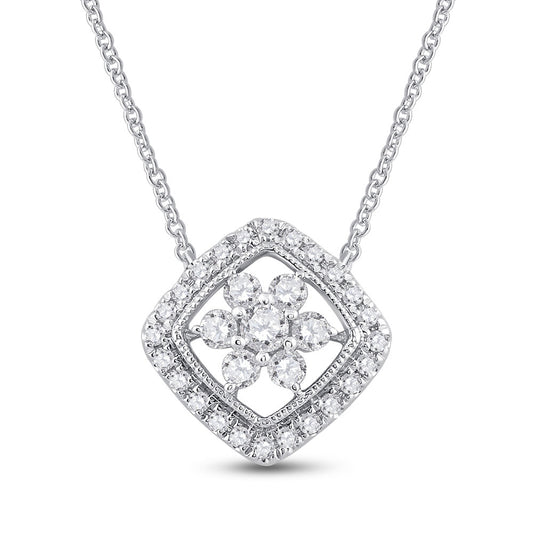 14kt White Gold Womens Round Diamond Offset Square Cluster Necklace 1/2 Cttw