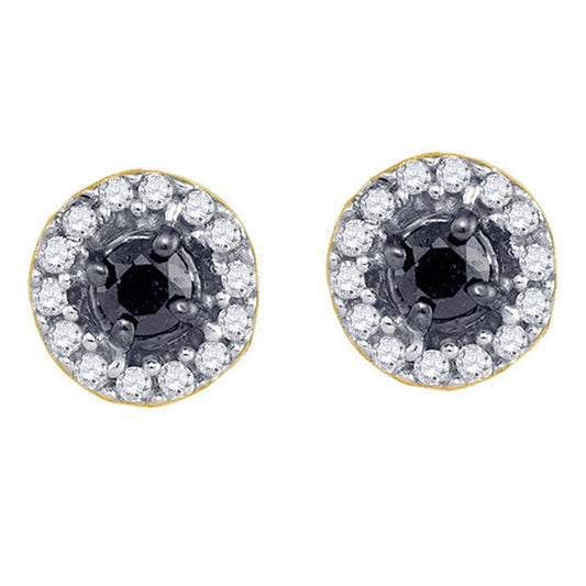 10kt Yellow Gold Womens Round Black Color Enhanced Diamond Cluster Earrings 1/5 Cttw