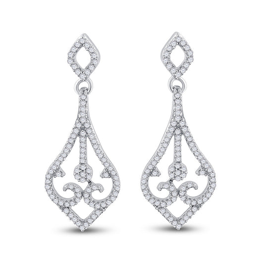 10kt White Gold Womens Round Diamond Scroll Teardrop Dangle Earrings 1/3 Cttw