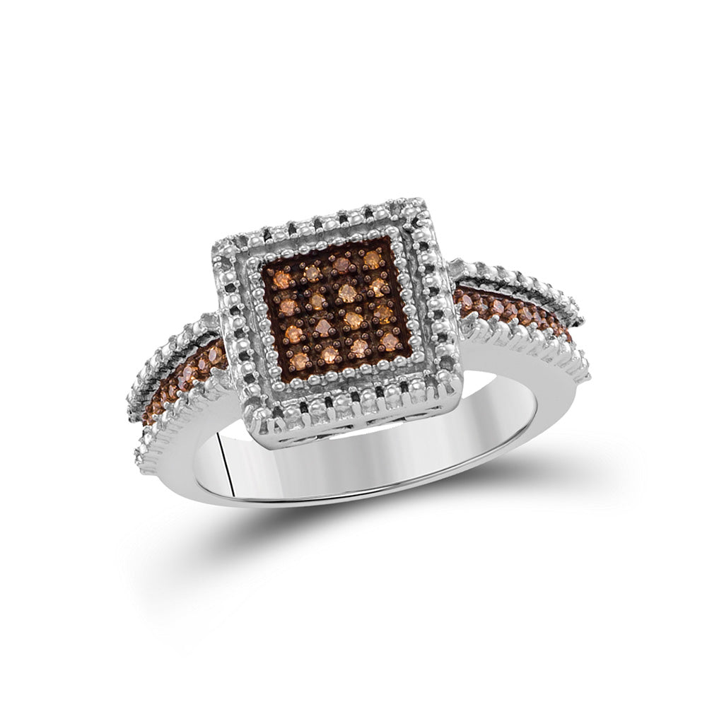 Sterling Silver Womens Round Brown Diamond Square Cluster Ring 1/6 Cttw