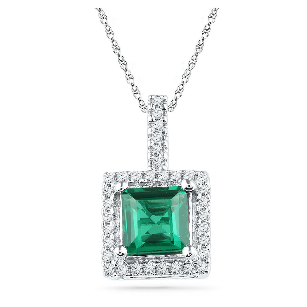 10kt White Gold Womens Cushion Synthetic Emerald Solitaire & Diamond Pendant 1-3/8 Cttw