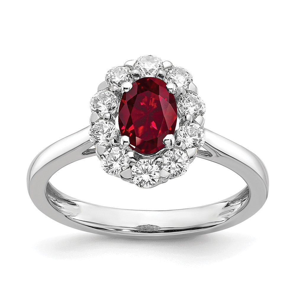 14K White Gold Lab Grown VS/SI FGH Dia & Cr. Oval Ruby Fashion Ring